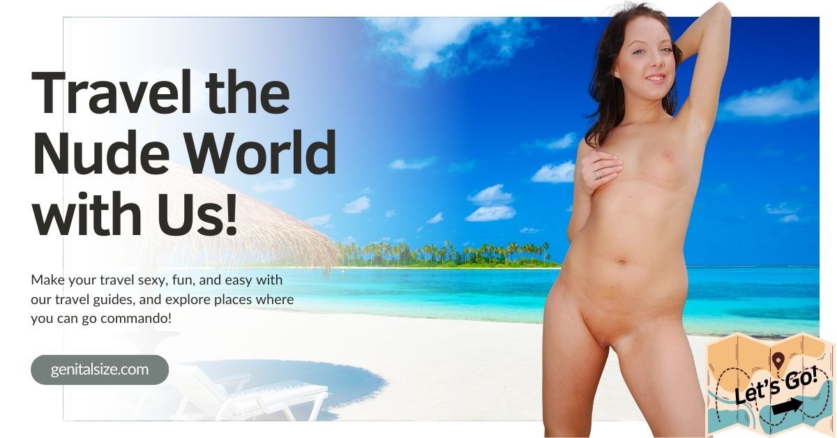 Travel banner featuring white sand beach and nude woman.