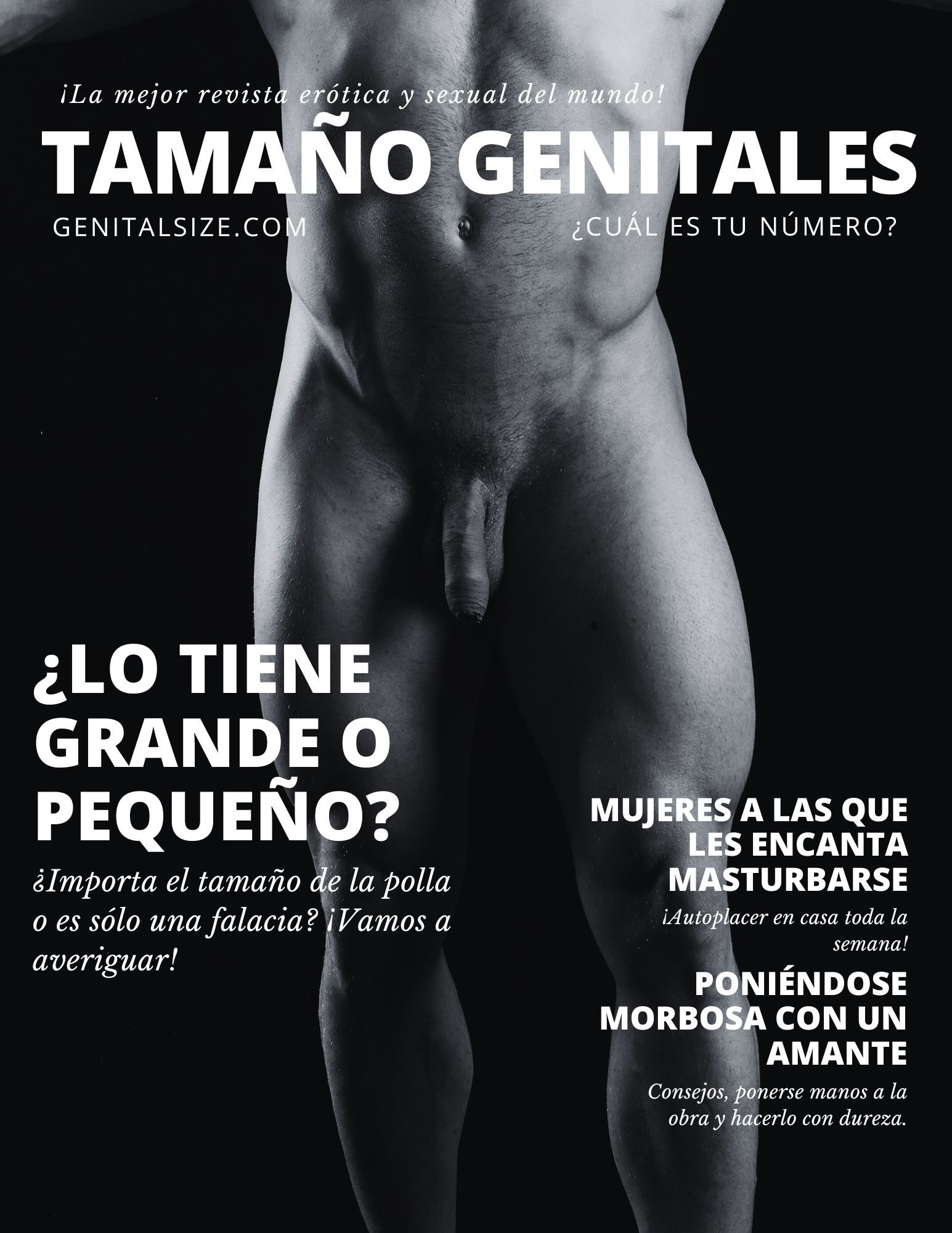 Portada de revista que muestra un torso masculino desnudo y pregunta: ¿cuánto mide su pene?