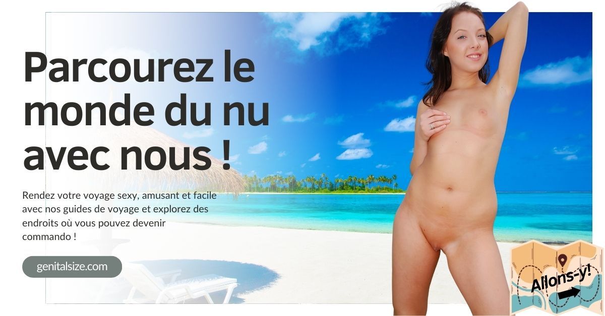 Bannière de voyage mettant en vedette une plage de sable blanc et une femme nue.