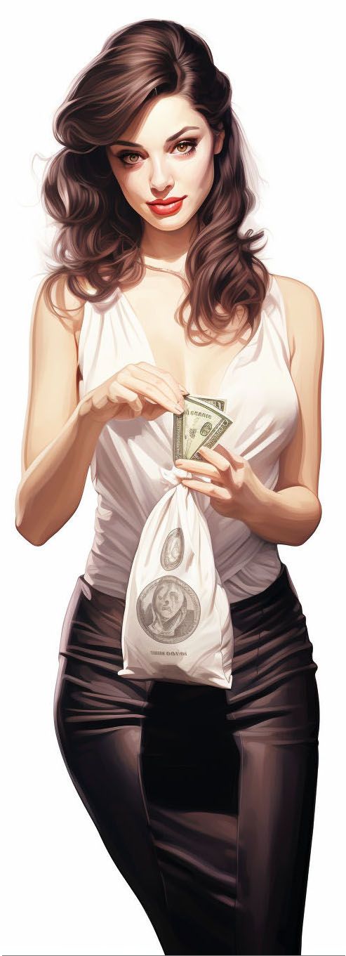 現金を数え、お金の袋を持っているブルネットの女性の絵。