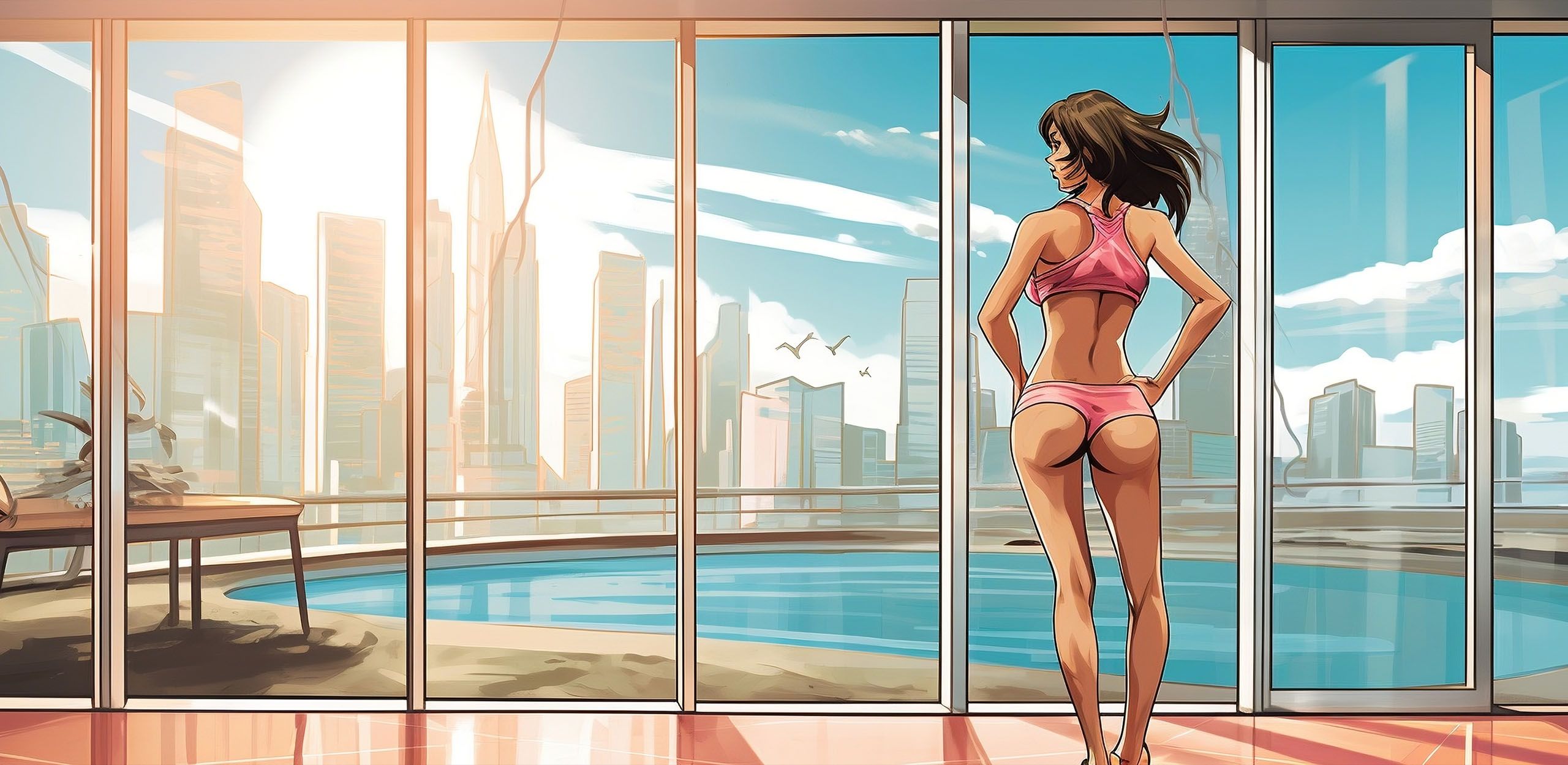 Image d’une femme en bikini regardant le dessin de la ville.